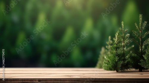 Wooden tabletop background with little green firs on it and bokeh forest behind. Copy space