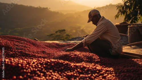 latino american farmer working in a coffee field. photo