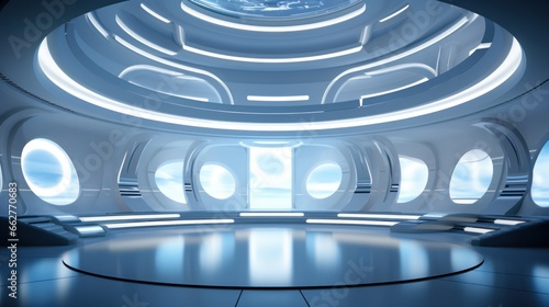 Futuristic architecture sci-fi hall room with dome and pedestal, 3d illustration.