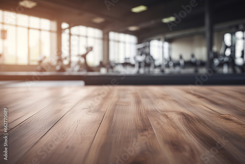 Top of surface wooden table with blurred fitness gym   background.