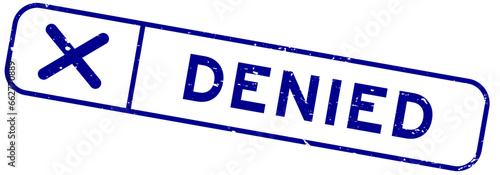 Grunge blue denied word with wrong check mark icon square rubber seal stamp on white background