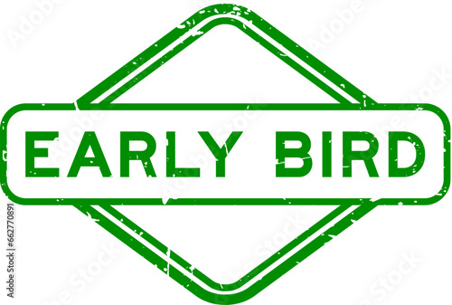 Grunge green early bird word rubber seal stamp on white background