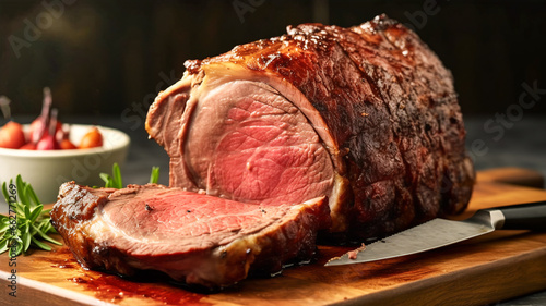 Fotografie, Obraz Delicious standing rib roasted with cut off slice on wood cutting board