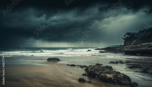 Dramatic sky over dark coastline, breaking wave reflects beauty in nature generated by AI