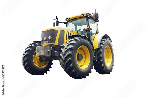 Big yellow agricultural tractor isolated on transparent background. Generative Ai