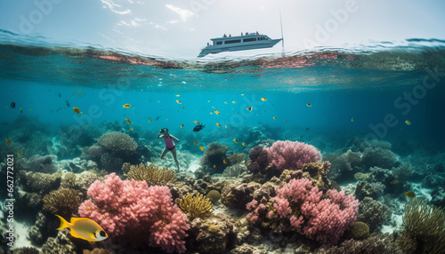 Swimming below multi colored reef, scuba diving adventure in tropical climate generated by AI photo