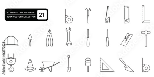 construction equipment, icons, saw, hammer, meter, helmet, screwdriver, screw, ruler, which can be easily edited and resized, modern vector graphic logo template.