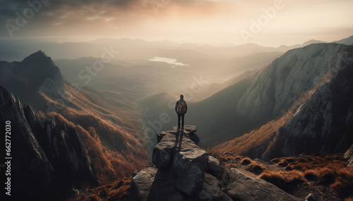 Standing on mountain peak, one person achieves adventure success generated by AI