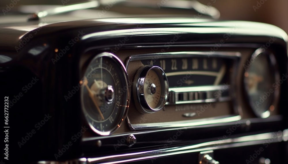 Shiny chrome headlight on vintage car with elegant dashboard controls generated by AI