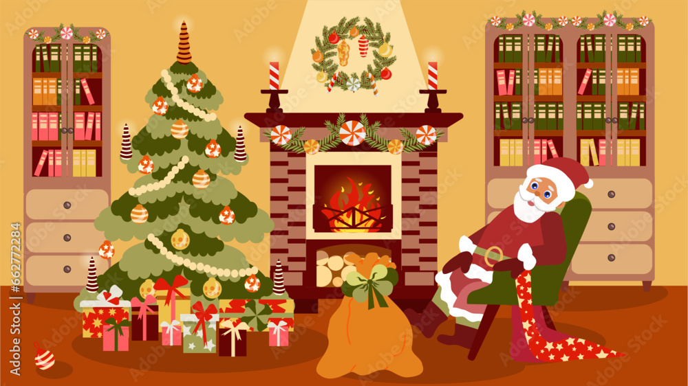 Fototapeta premium Santa Claus is sitting on an armchair in a cosy living room with a fireplace, bookcases and a Christmas tree, Festive Christmas illustration in a flat style. Winter holiday interior decorations