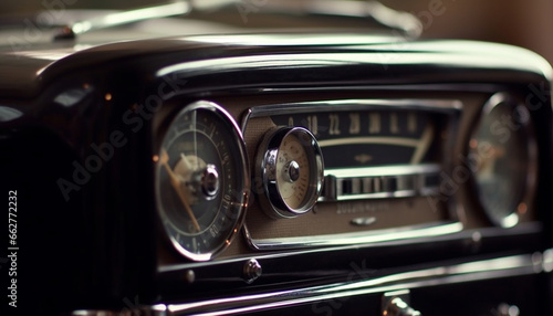 Shiny chrome headlight on vintage car with elegant dashboard controls generated by AI © Stockgiu