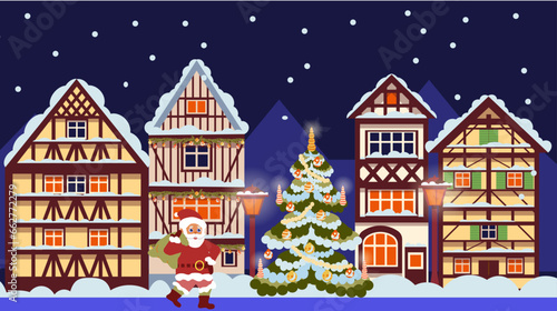Santa Claus walks through a snowy European city with old Timber houses and a decorated Christmas tree, a festive Christmas illustration in a flat style, a greeting card for winter holidays.