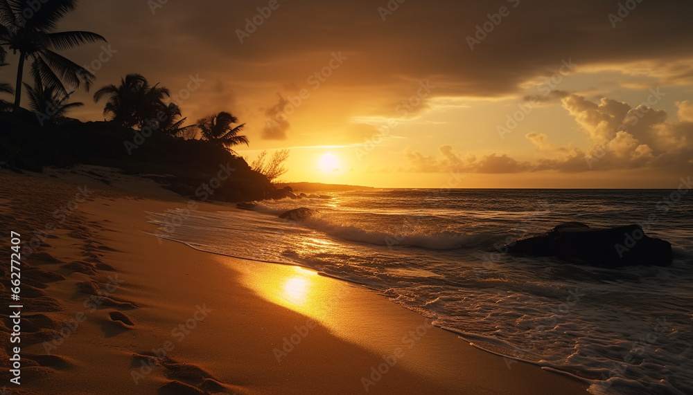 Obraz premium Tranquil sunset over tropical coastline, palm trees silhouette against orange sky generated by AI