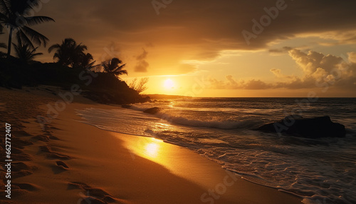Tranquil sunset over tropical coastline, palm trees silhouette against orange sky generated by AI