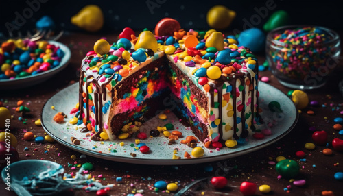 A cute homemade birthday cake with multi colored icing and decorations generated by AI