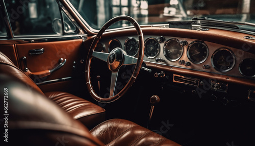 Vintage car with shiny chrome, leather seats, and elegant dashboard generated by AI © Stockgiu