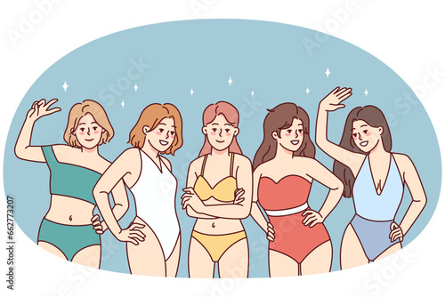 Portrait of smiling girls in swimsuits posing together. Happy diverse young women in bikini enjoy summer vacation. Diversity and body positivity. Vector illustration.