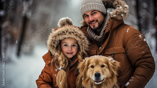 Happy family walking their pet golden retriever in the winter forest outdoors. Active Christmas holidays. Design ai