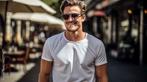A male model in a classic white cotton T-shirt on a city street back view Generative ai
