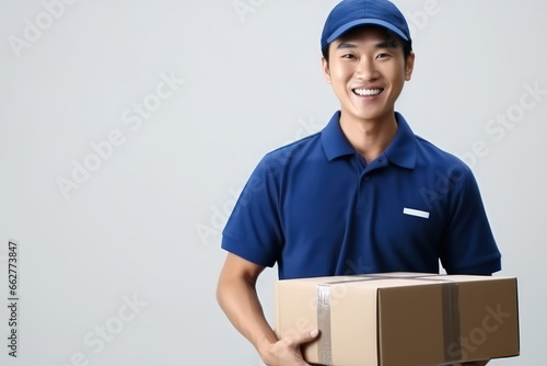 Portrait of delivery man send a package with copy space background. © ant