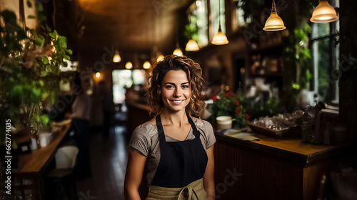 Portrait of happy woman standing at doorway of her store. Cheerful mature waitress waiting for clients at coffee shop with didital tablet. Successful small business owner Generative ai © Shubby Studio