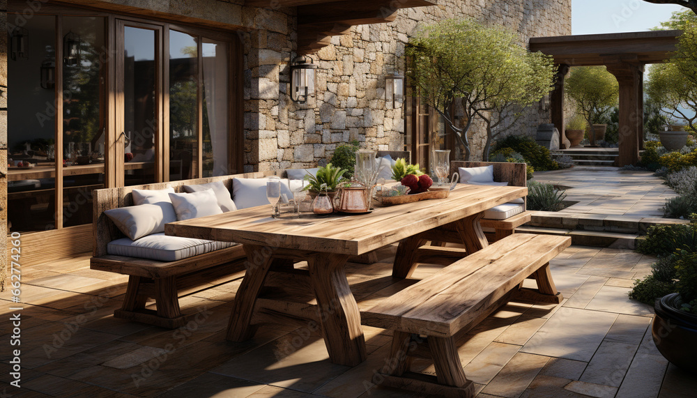 Fototapeta premium A luxurious patio with modern architecture, comfortable chairs, and green plants generated by AI