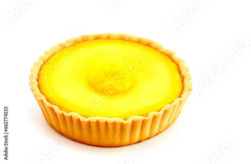 Mini piece round yellow lemon tart isolated on white background