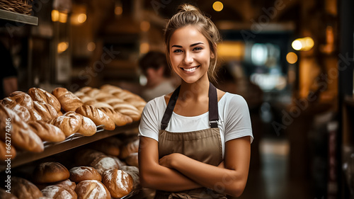 Portrait of a happy woman standing on the doorstep of her shop. Cheerful young saleswoman is waiting for bakery customers. A successful small business owner Generative Ai