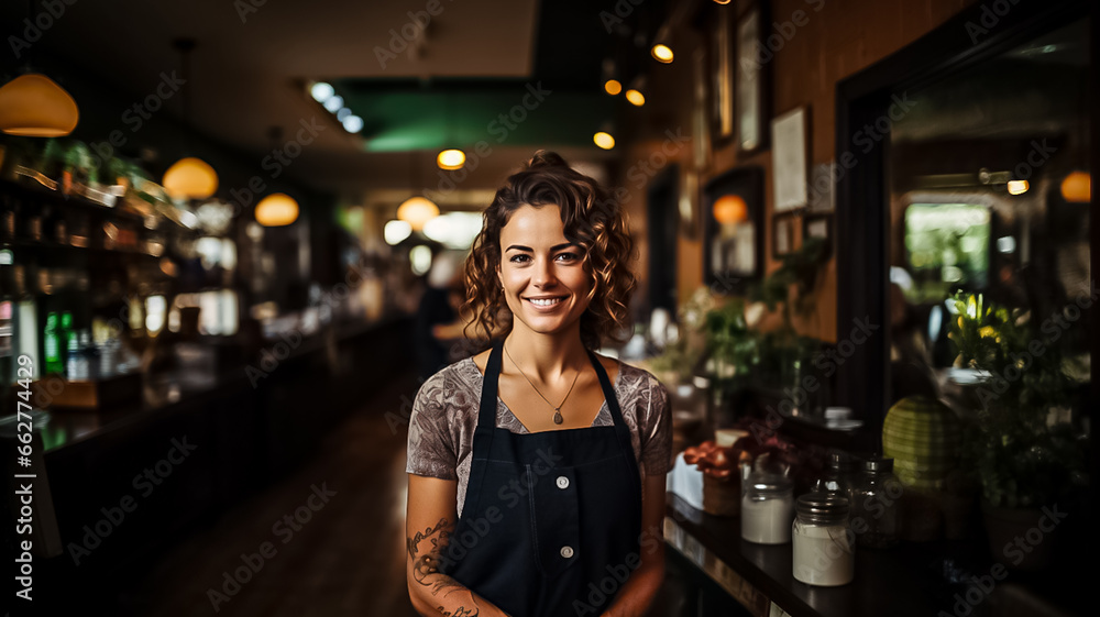 Portrait of happy woman standing at doorway of her store. Cheerful mature waitress waiting for clients at coffee shop with didital tablet. Successful small business owner Generative ai Portrait of happy woman standing at doorway of her store. Cheerful mature waitress waiting for clients at coffee shop with didital tablet. Successful small business owner Generative ai