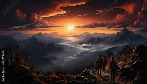 Mountain peak silhouette  sunset sky  hiking men  nature tranquil beauty generated by AI