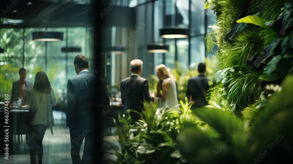 Office space with lush green plants. Sustainable and nature friendly corporate environment. Workspace for business productivity and employee wellbeing. Environmental responsibility in business, ESG - obrazy, fototapety, plakaty 