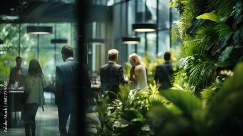 Office space with lush green plants. Sustainable and nature friendly corporate environment. Workspace for business productivity and employee wellbeing. Environmental responsibility in business, ESG photo
