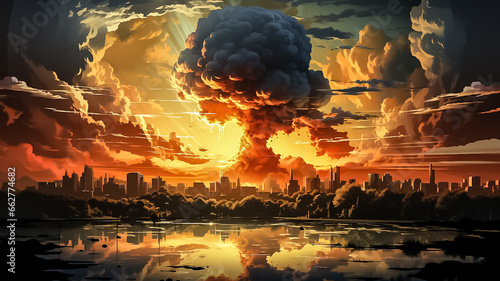 Explosion of nuclear bomb in the city. end of world illustration. Nuclear war threat concept. Design ai photo