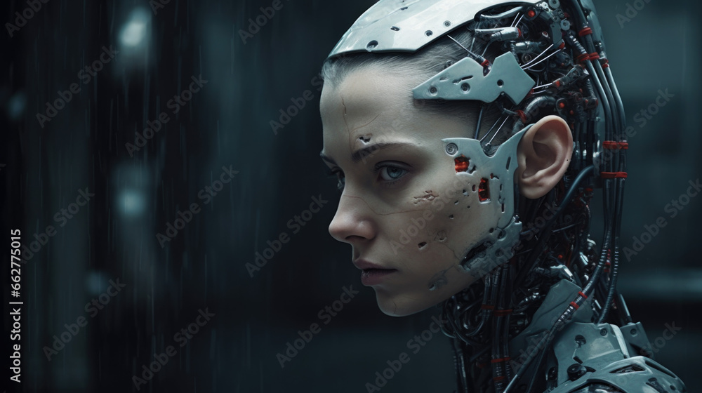 Young girl in image of futuristic cyborg robot with bare shoulders against pink studio background in neon light. Digitalization. Cyberpunk style. Concept of futurism, surrealism, digital world, robot