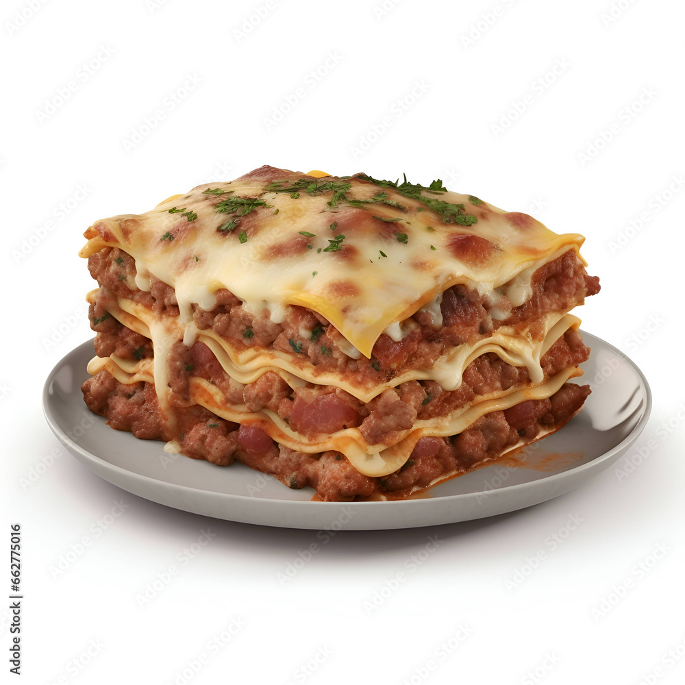 Plate of lasagna with minced meat and cheese isolated on white background