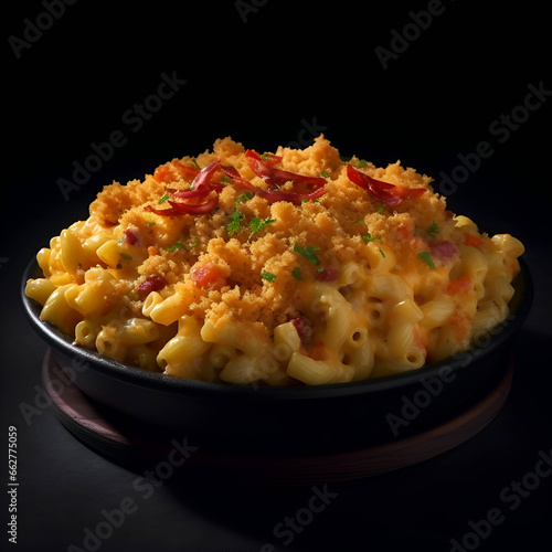 Macaroni and cheese with tomato sauce on a black background.