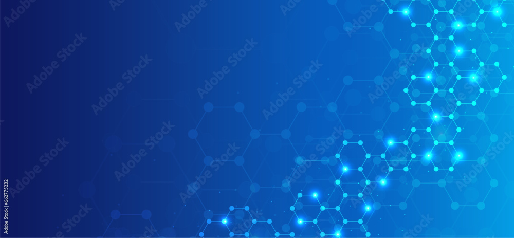 Hexagons pattern blue background. Genetic research, molecular structure. Chemical engineering. Concept of innovation technology. Used for design healthcare, science and medicine background