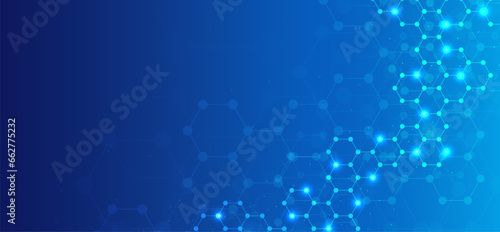 Hexagons pattern blue background. Genetic research, molecular structure. Chemical engineering. Concept of innovation technology. Used for design healthcare, science and medicine background