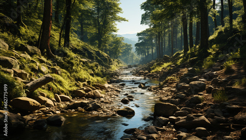 Tranquil scene of a mountain range  flowing water  and green foliage generated by AI