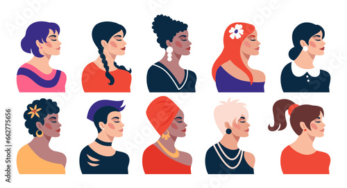 Women silhouettes. Woman face side view, group of different female race together, racism struggle. Girls with haircuts and accessories. Vector fashion, tidy cartoon flat style isolated illustration