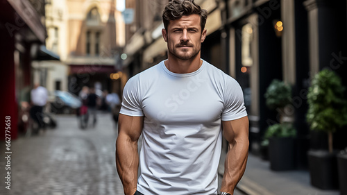 A male model in a classic white cotton T-shirt on a city street back view Generative ai © Shubby Studio
