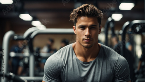 Handsome young sporty  man posing while sitting at exercise bench at gym