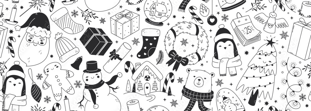 Seamless vector banner with cute and funny christmas doodles. Tree, animals, gifts, decorations, santa, snowman outline drawings. Winter season characters and elements on background. Line pattern