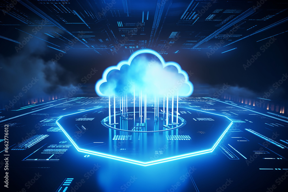 Digital informational technology web futuristic hologram with cloud box and cute icon, Background Abstract Motion of digital data flow Digital informational technology web futuristic hologram with cloud box and cute icon, Background Abstract Motion of digital data flow