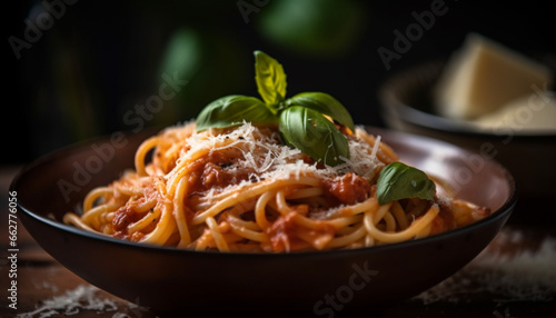 Freshly cooked pasta with Bolognese sauce and Parmesan cheese garnish generated by AI