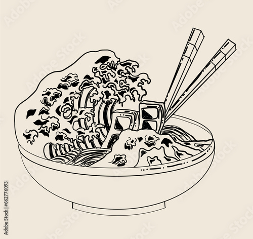 Traditional Japanese ramen and wave for restaurant printing on wallpaper.Ramen vector illustration for doodle art.Asian food.
