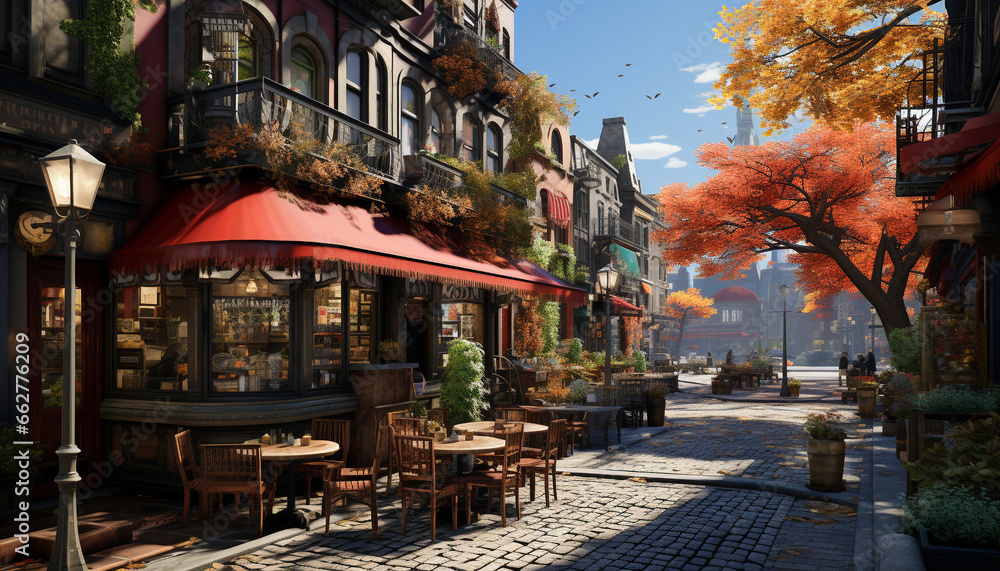 Fototapeta premium Nightfall reveals the old city illuminated architecture, a famous autumn destination generated by AI