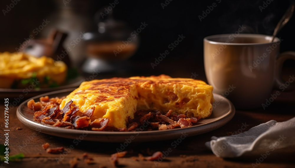 Freshly baked meat pie on rustic wooden table, ready to eat generated by AI Freshly baked meat pie on rustic wooden table, ready to eat generated by AI