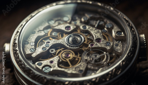 Antique wristwatch disassembling reveals intricate clockworks and metallic machinery generated by AI