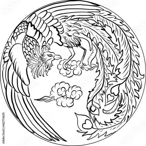 Beautiful line art of Phoenix for tattoo design on background.Phoenix vector for printing on shirt.Golden vector illustration for doodle art and coloring book on white isolated background.